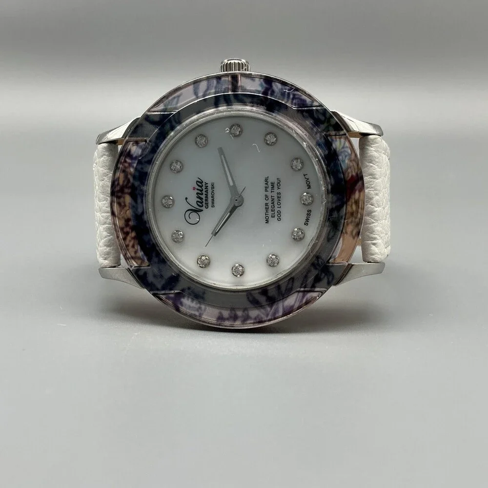 Vania Womens Watch 39mm White Mother Of Pearl Swarovski Dial Leather New Battery